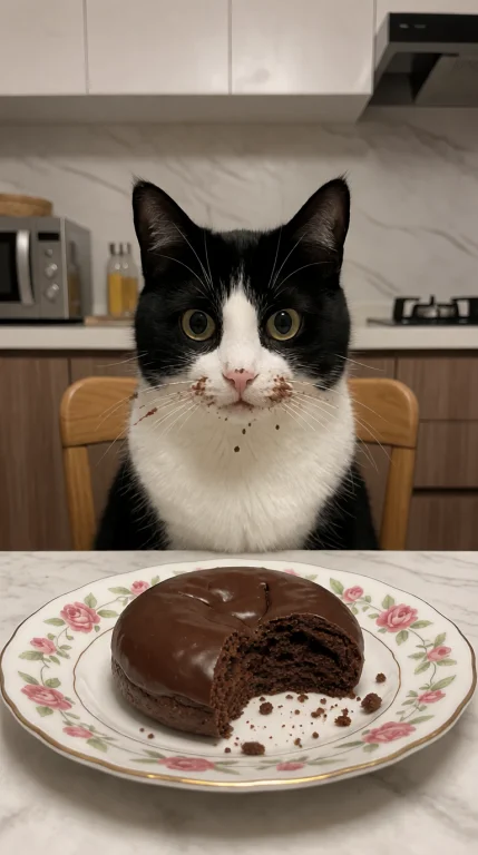 The Cat Has Bitten Off A Small Piece Of The Chocolate Pastry...