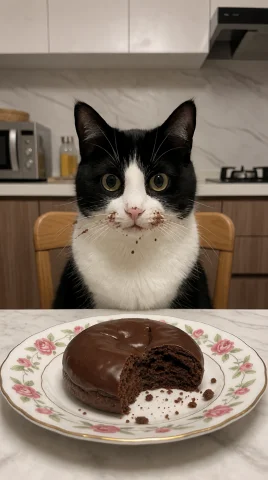 The Cat Has Bitten Off A Small Piece Of The Chocolate Pastry... — Stable Diffusion AI Prompt: The cat has bitten off a small piece of the chocolate pastry in front of it.