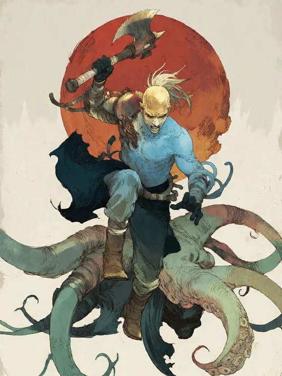Bradhamel Art Style.the Image Is A Dynamic, Stylized Illustr...
