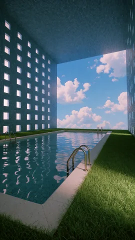 Dcl1m1nal. Wide Eye-level Shot Of A Large, High-ceilinged In... — Stable Diffusion AI Prompt: DCL1M1NAL. Wide eye-level shot of a large, high-ceilinged indoor swimming pool s...