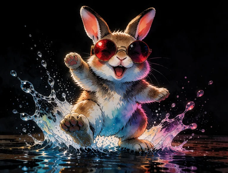 1 Cute Rabbit Wearing Reflecting Red Round Sunglasses Surfin...