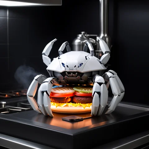 In Kitchen With Hi Tech Stuff, Its A Dark Kitchen Was A Robo... — SDXL AI Prompt: In kitchen with hi tech stuff, it's a dark kitchen was a robotic crab making a b...