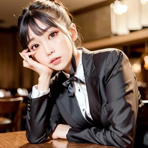 A Girl With Short Ponytail Laying In The Table In A Restaura...