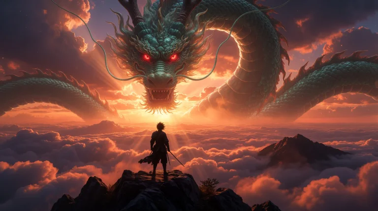 Epic Cinematic Scene, Lone Warrior Silhouette With Spiky Hai...