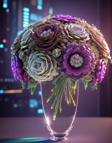 Bouquet Of Fantastic Flowers In A Crystal Vase Cyberpunk The... — Stable Diffusion AI Prompt: bouquet of fantastic flowers in a crystal vase Cyberpunk the (background Cyberpu...