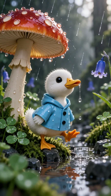 A Tiny White Duckling Wearing A Miniature Sky-blue Raincoat...