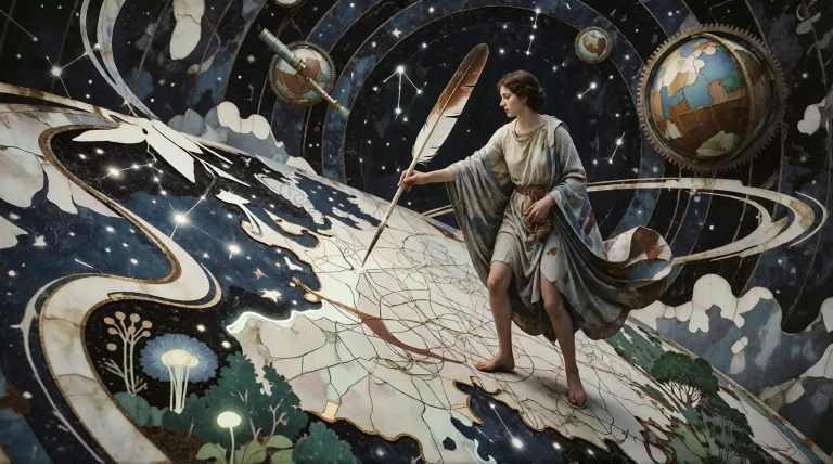 A Solitary Visionary Cartographer Stands Within A Monumental...