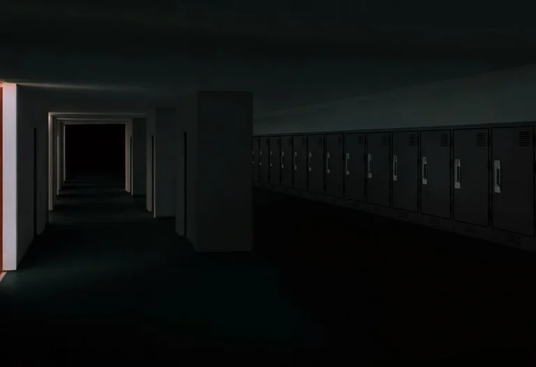 An Eternally Long Hallway At A School, Doorways On The Left...
