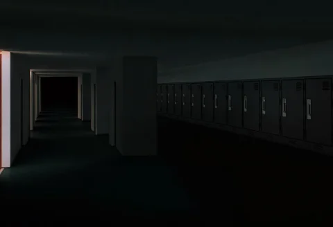 An Eternally Long Hallway At A School, Doorways On The Left... — Stable Diffusion AI Prompt: An eternally long hallway at a school, doorways on the left side leading to dark...