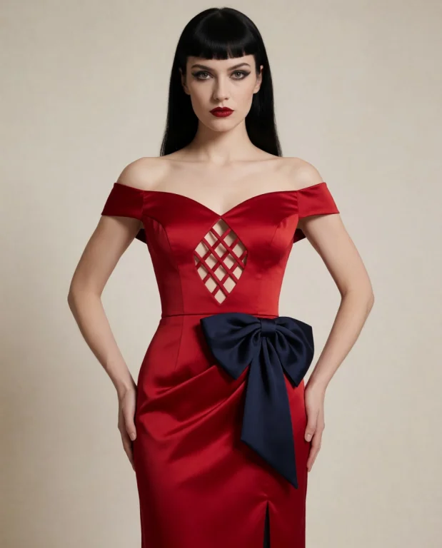 Art Deco Style. Goth Model Showing An Off The Shoulder Red S...