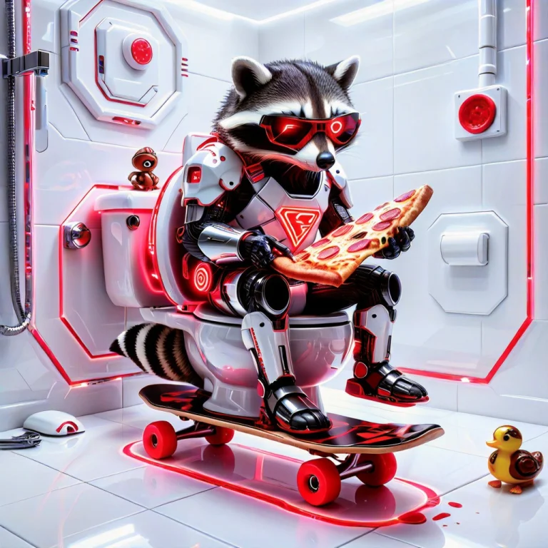 A Raccoon Wearing A Futurist Armor, Sitting, Over A Toilet B...