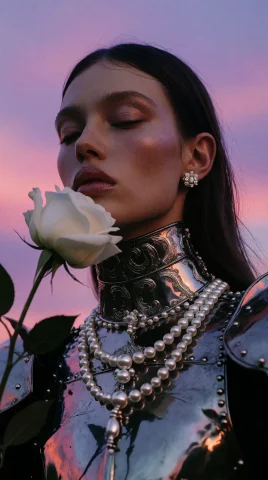 Long, Dark Hair, Twilight Sky, Soft Hues, Purple And Pink, E... — Stable Diffusion AI Prompt: long, dark hair, twilight sky, soft hues, purple and pink, eyes closed, white ro...