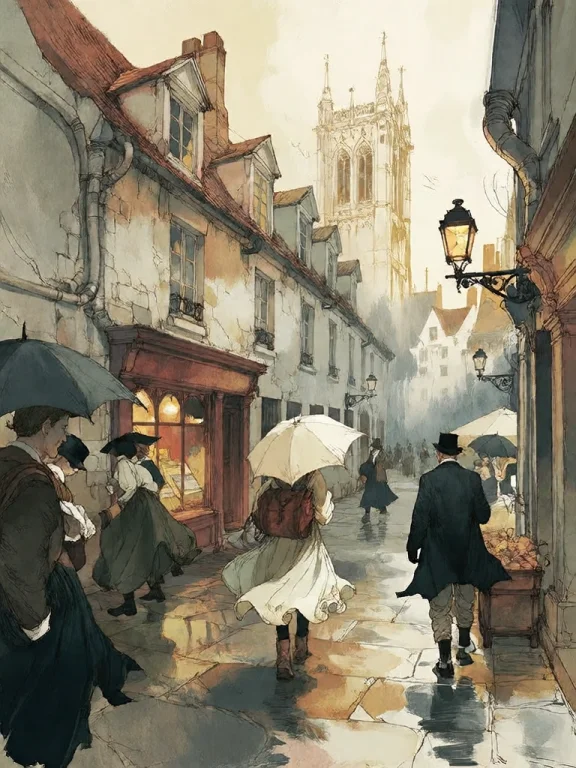 Bradhamel Art Style. A Wet Cobblestone Alley In A Historic E...