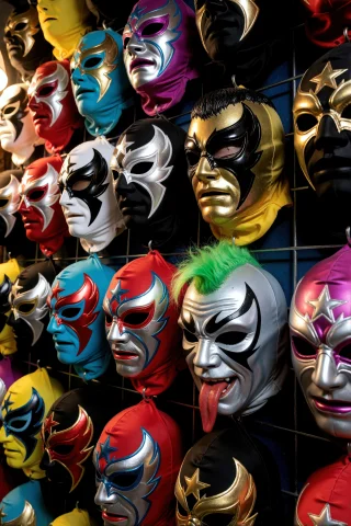 A Dense Display Of Lucha Libre Wrestling Masks Hanging From... — Stable Diffusion AI Prompt: A dense display of lucha libre wrestling masks hanging from small hooks on a dar...