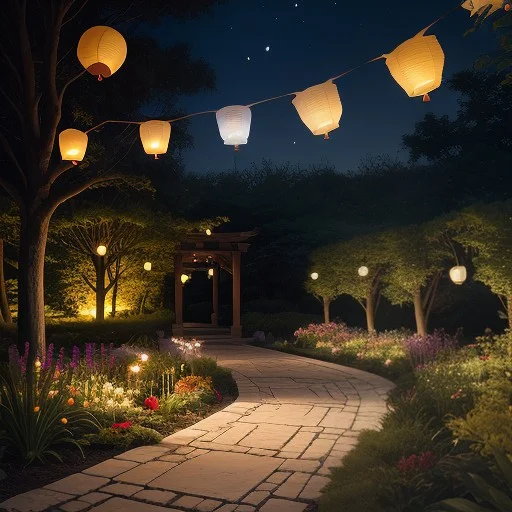 A Garden Path Glowing With Strung Paper Lanterns, Cold Moonl...