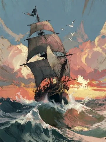 Bradhamel Art Style. A Dramatic Oil Painting Of A Tall Ship... — Stable Diffusion AI Prompt: Bradhamel art style.**** A dramatic oil painting of a tall ship with dark sails...
