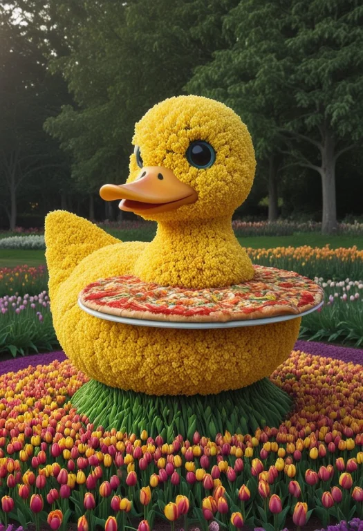 Jaynl-tm, Made Of Tulips, A Yellow Duck Eating Pizza On A Re...