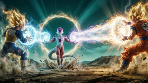 Epic Realistic Live-action Style Dragon Ball Confrontation,... — Stable Diffusion AI Prompt: Epic realistic live-action style Dragon Ball confrontation, Super Saiyan Vegeta...