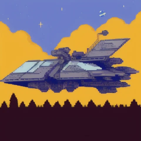 A Spaceship Landing In The Woods, 8-bit, Rural Area Backgrou... — Stable Diffusion AI Prompt: a spaceship landing in the woods, 8-bit, rural area background landscape, jwst