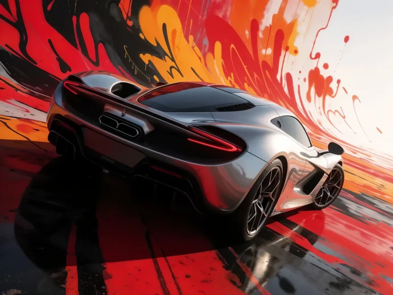 Silver Sports Car Rear View Red Orange Paint Splashes Backgr...