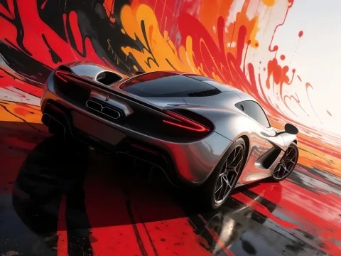 Silver Sports Car Rear View Red Orange Paint Splashes Backgr... — Stable Diffusion AI Prompt: 🏎️ silver sports car rear view red orange paint splashes background digital art...