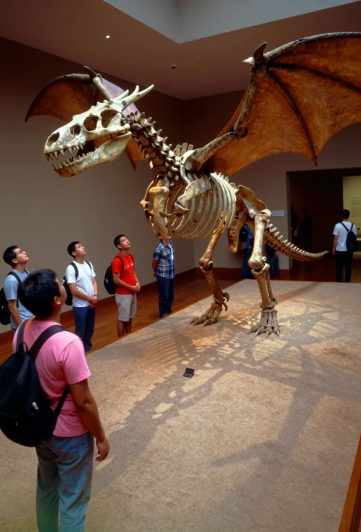 A Large Dragon Skeleton Is On Display In A Museum, Wings Spr...
