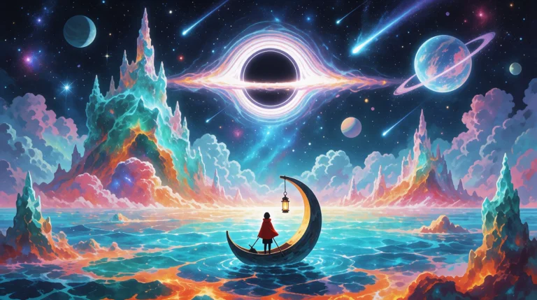 A Small Figure In A Red Cloak Stands Aboard A Crescent-moon-...