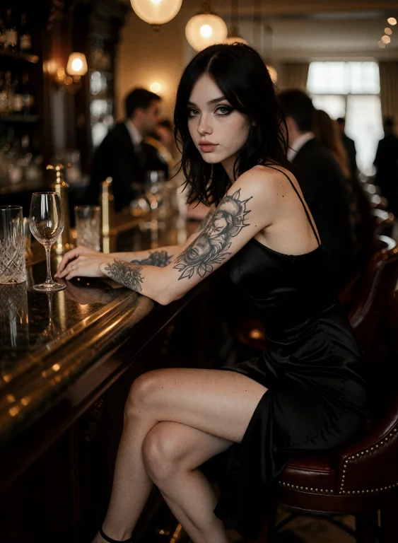 Alic3 With Tattoos Seated Alone At The Far End Of An Elegant...