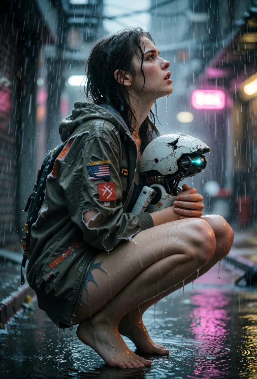 A Profile Shot Of A Young Beautiful Woman Crouched Protectiv...
