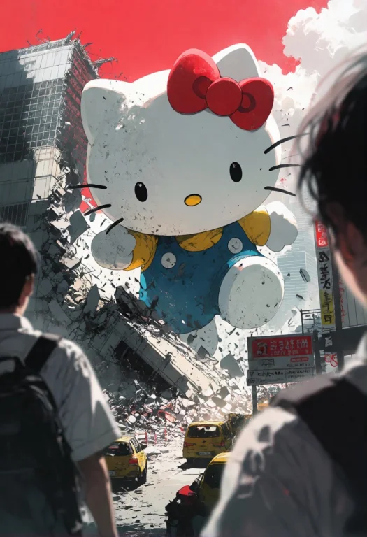 Japanese Anime Illustration, A Giant Hello Kitty Is Rampagin...