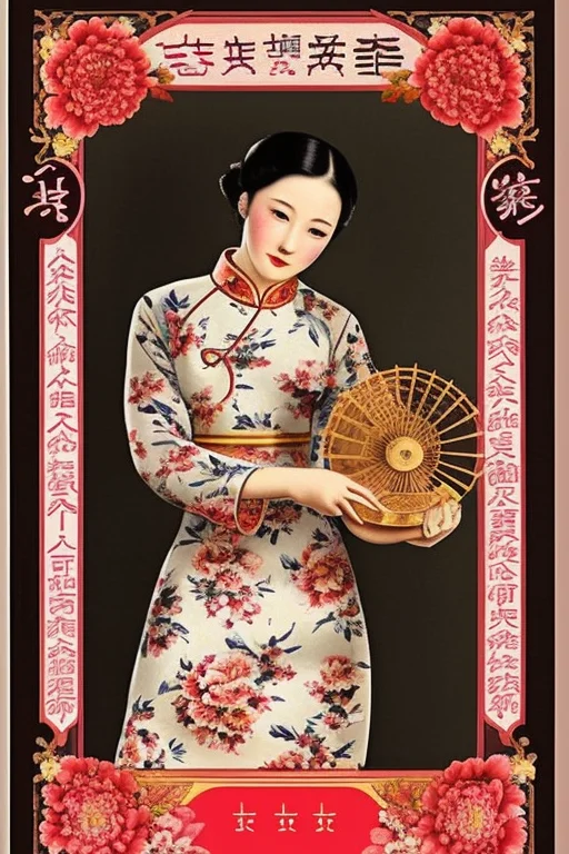 A Picture Of A Woman Holding A Fan And A Vase With Flowers O...
