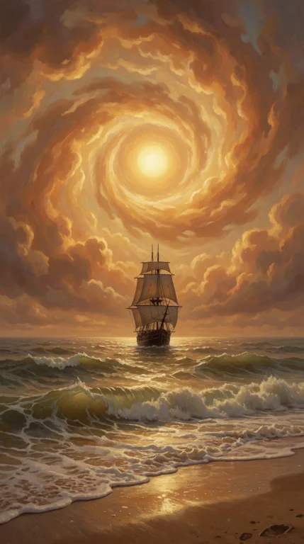 Sailing Ship Centered In Choppy Ocean, Swirling Amber Clouds...