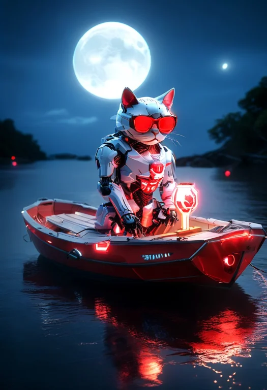 Whiteember, A Robot Cat Made Of Glossy White And Red Glow We...