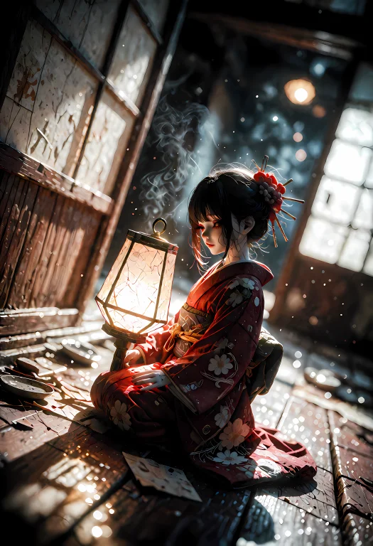 A Doll Kneels On An Old Wooden Floor, Wearing A Red Kimono A...