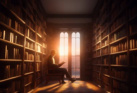 A Bookseller Reading Among Towering Shelves, Unreal Engine 5... — SDXL AI Prompt: a bookseller reading among towering shelves, unreal engine 5 render, subsurface...