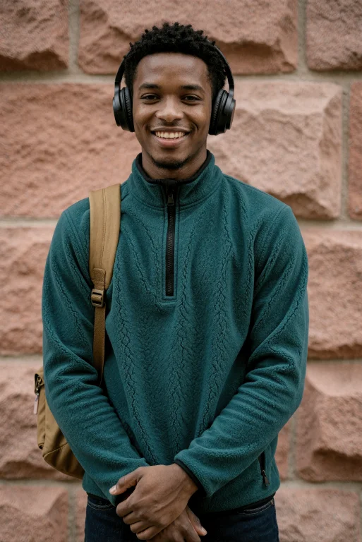 A Smiling Young Black Man Stands Facing Forward With His Han...
