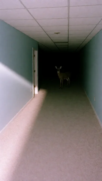 Dcl1m1nal. Wide Eye-level Shot Of A Long, Empty Basement Hal...