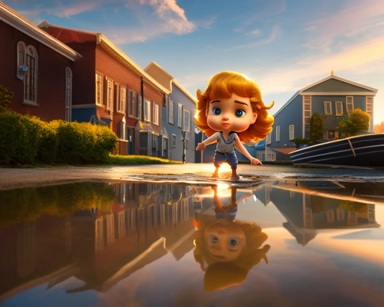 Boy Launching A Paper Boat Into A Puddle In A Small Town, Mo...
