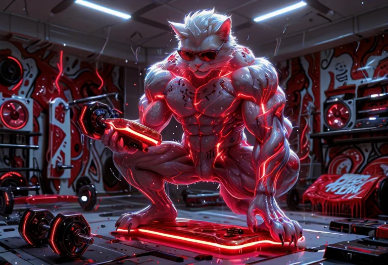 Lazypos, Whiteember, Muscular Anthropomorphic Cat, Glossy Wh...