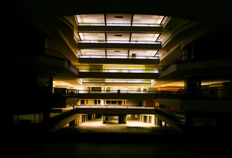 Looking Up From The Ground Floor Of An Abandoned Shopping Ma...