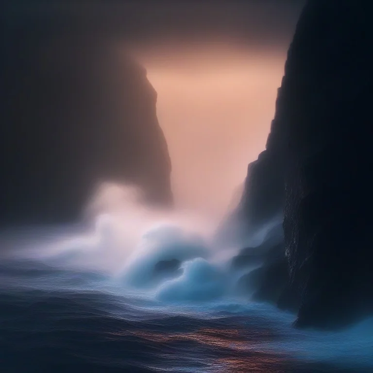 Dramatic Sea Cliffs With Waves Crashing Below, Neon Lighting...