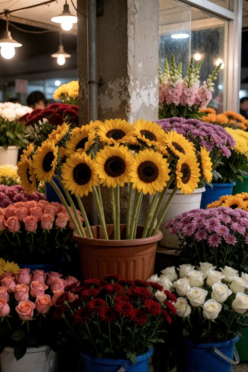 A Bustling Flower Market Stall At Night, Featuring A Central...