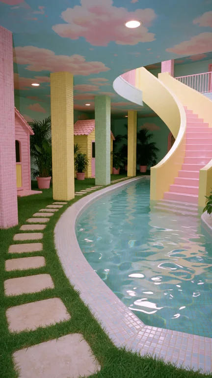 Dcl1m1nal. Medium-long Eye-level Shot Of An Indoor Pool With...
