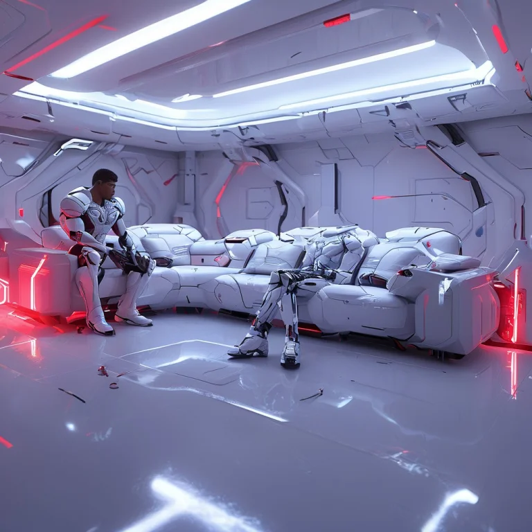 2boys, A Teenage Male In A Futuristic Iiving Room Sitting On...