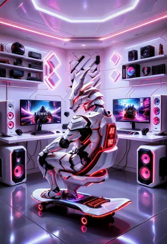 A Witty, Humorous Futuristic Dragon Armor Knight Transformed... — SDXL AI Prompt: A witty, humorous futuristic dragon armor knight transformed into a sleek high-t...