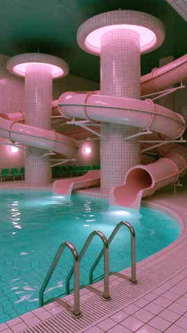 Dcl1m1nal. Poolrooms Style, Wide Eye-level Shot Of An Indoor... — Stable Diffusion AI Prompt: DCL1M1NAL. Poolrooms style, Wide eye-level shot of an indoor waterpark dominated...