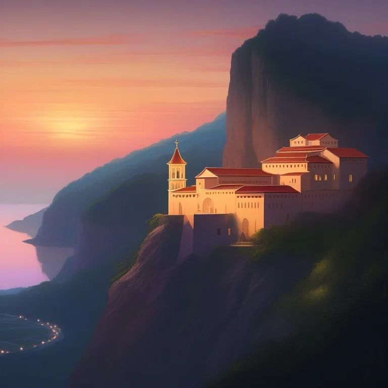 A Monastery Clinging To A Cliffside Pass, Cel Shading, Twili...