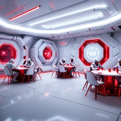 Whiteember Cafe, Morphed Into Sleek, White, Red-glowing Tech... — SDXL AI Prompt: WhiteEmber cafe, morphed into sleek, white, red-glowing tech world, with a futur...