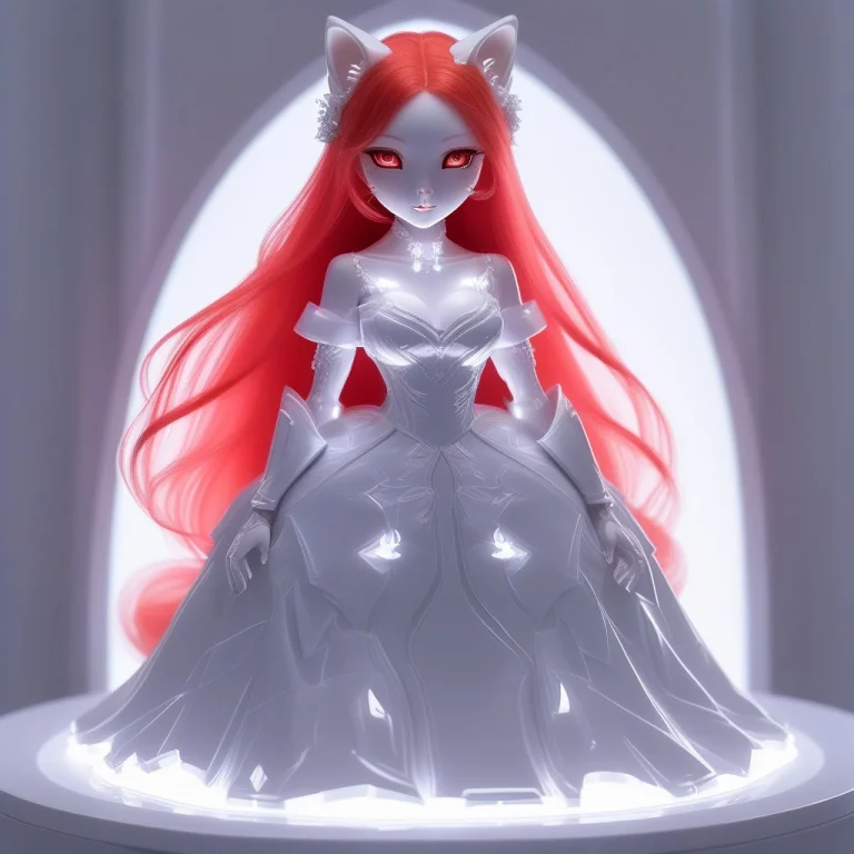 A 3d Chibi Anime Red Hair Cat Girl Wear Glowing Wedding Dres...