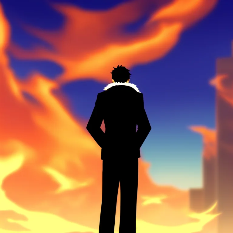 Anime, Bearded Man Looking At Horizon Of A City On Fire With...